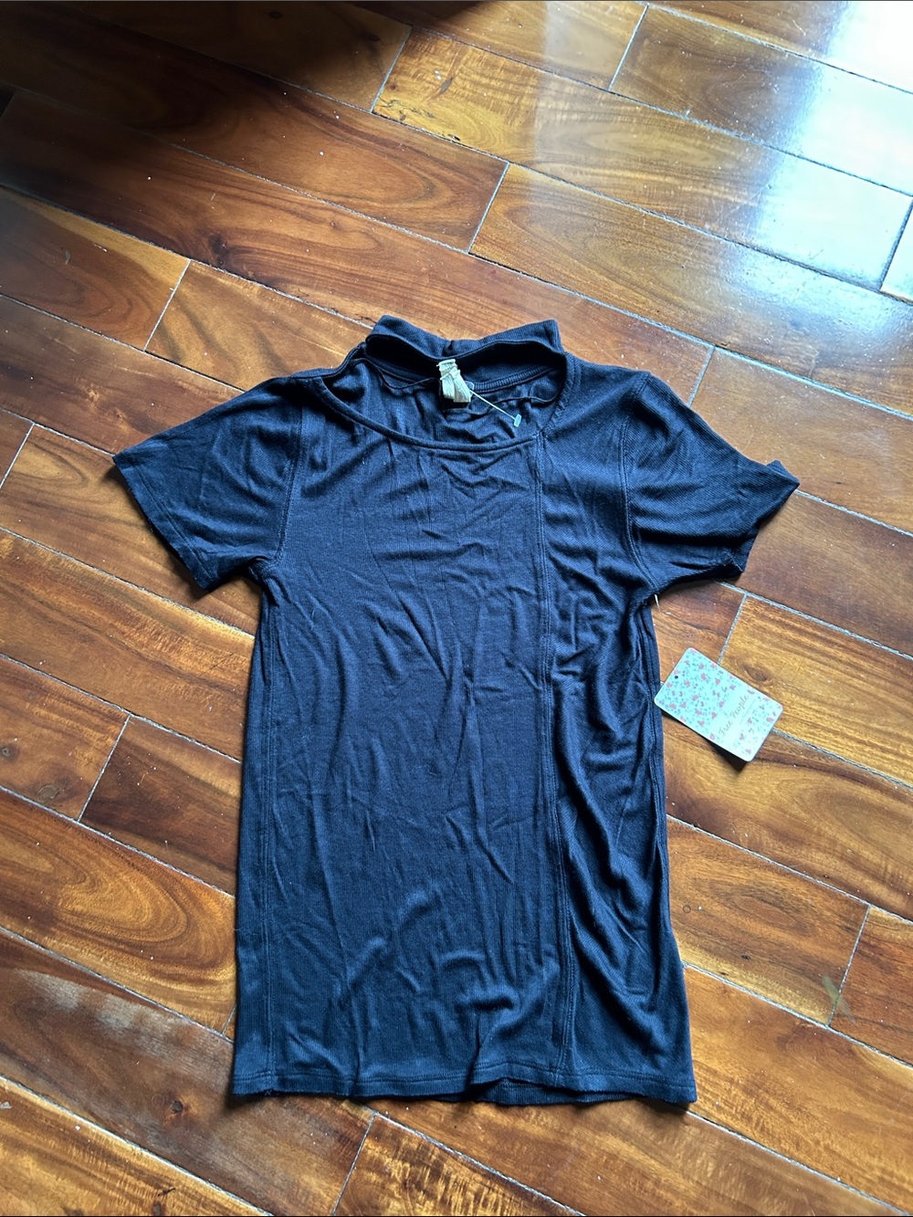 Free People Black Short Sleeve Mock Neck Tee